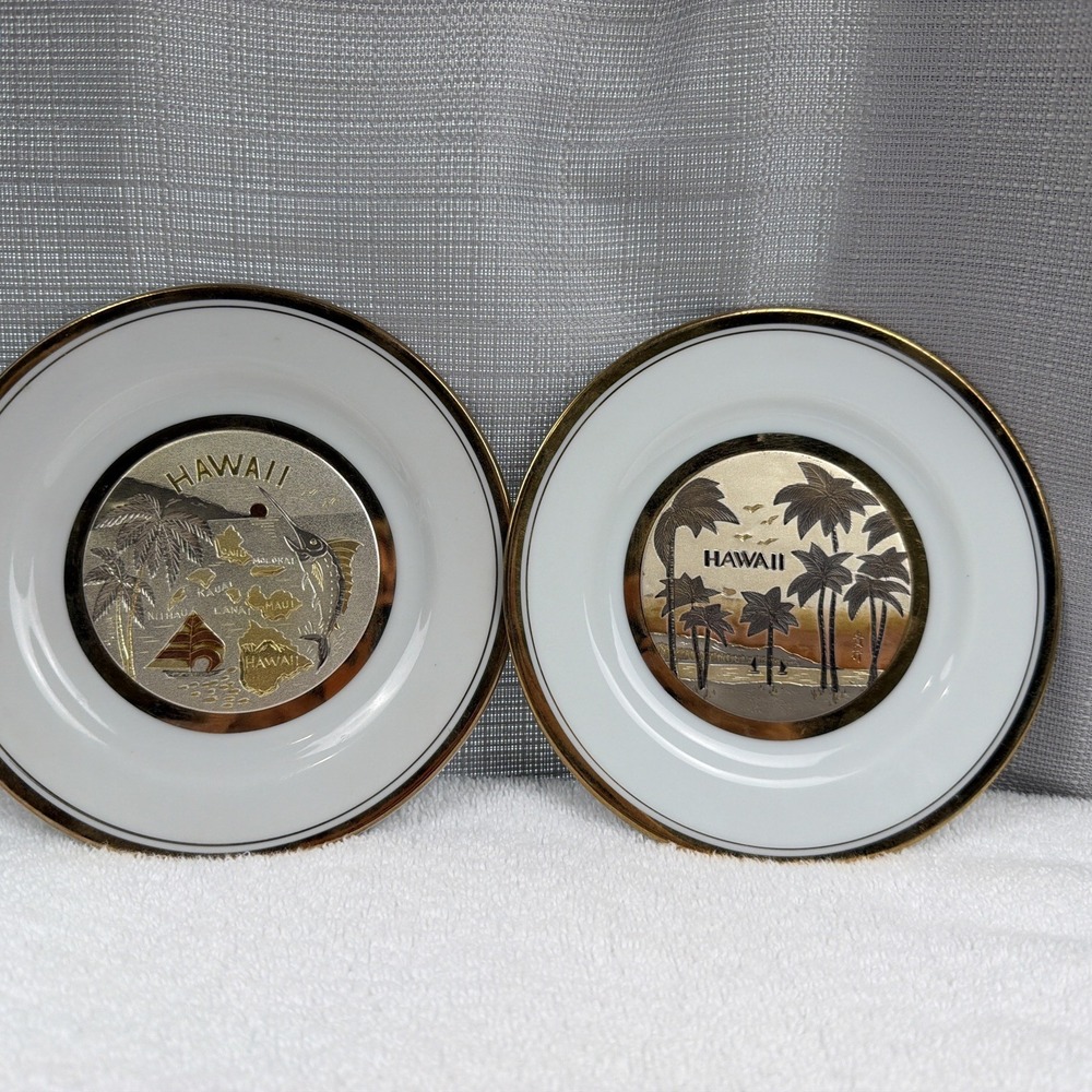 Lot Of 2 Chokin Plates Japanese Art 6" 24KT Gold Rim Hawaii Islands Collectible